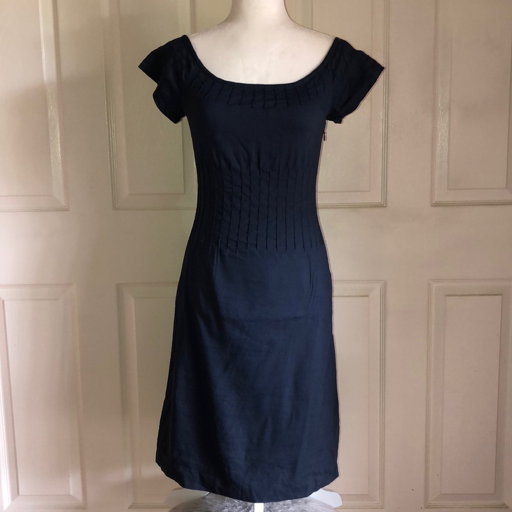 Theory Blue Linen Blend Pintuck Short Sleeve Dress